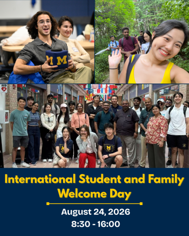 International Student & Family Welcome Day. August 24, 2026. Pictures of students in groups. 