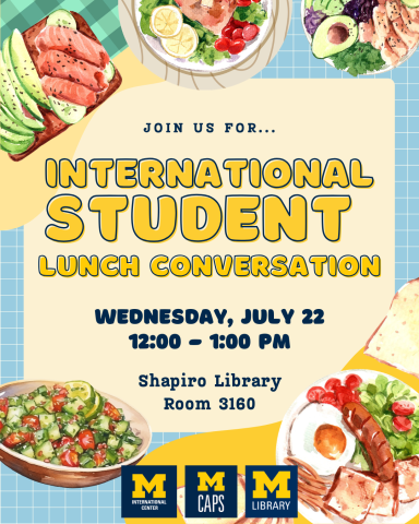 International Student Lunch Conversation with images of food around border