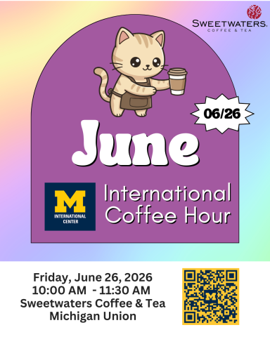 Cat holding coffee cup. June International Coffee Hour June 26 at Sweetwaters Union