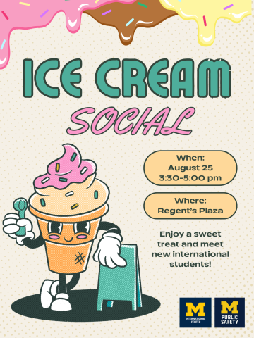 Ice Cream Cone character leaning against a sign. Ice Cream Social August 25, 3:30-5:00PM 