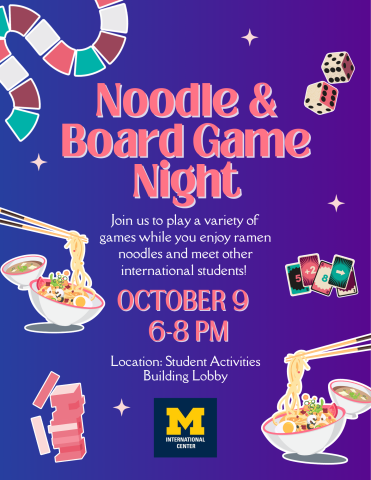 Noodle & Board game Night. October 9 6-8pm. Photos of ramen and games